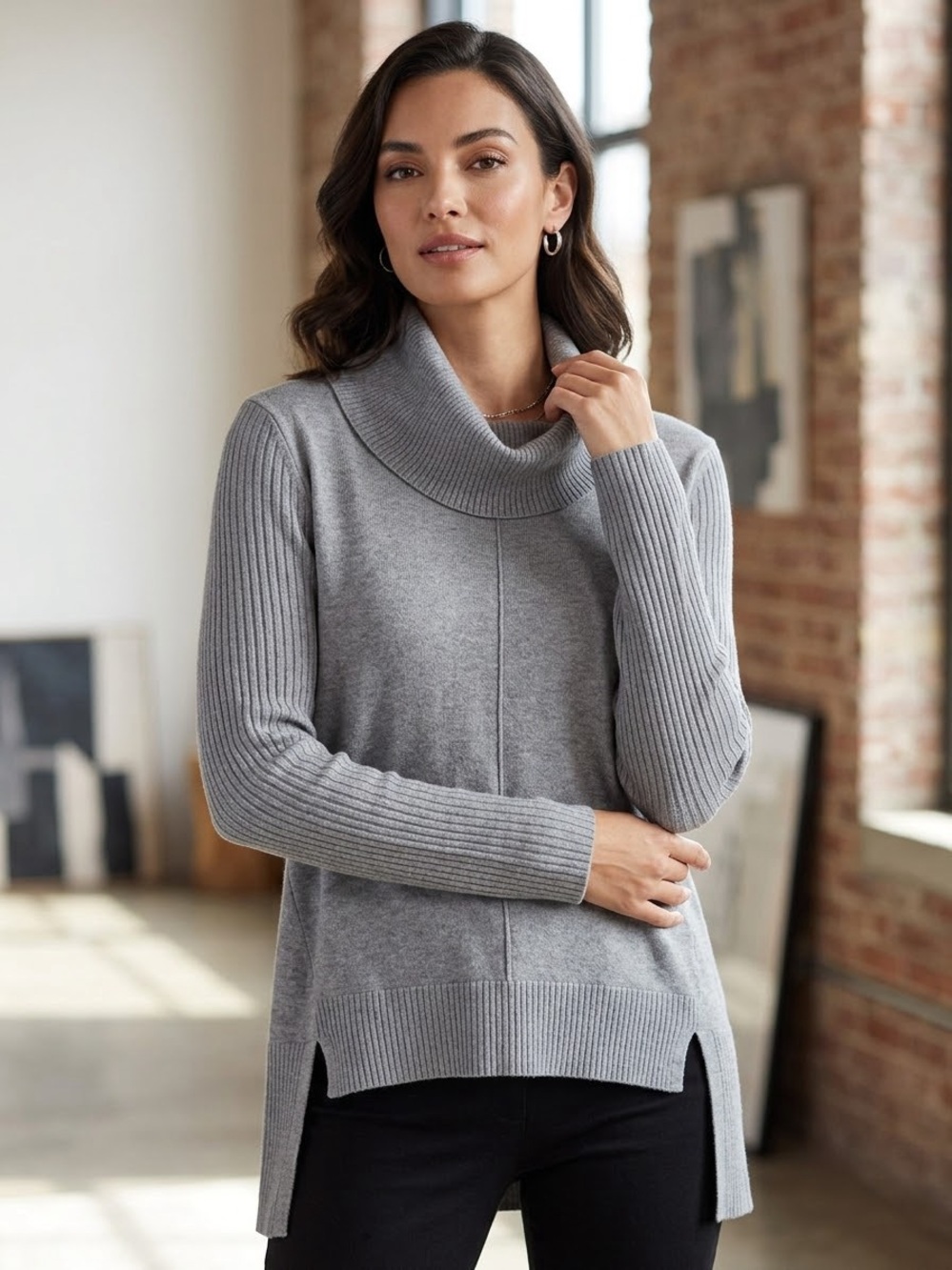 Melissa Paige Light Grey Cowl-Neck Button Down Shirt